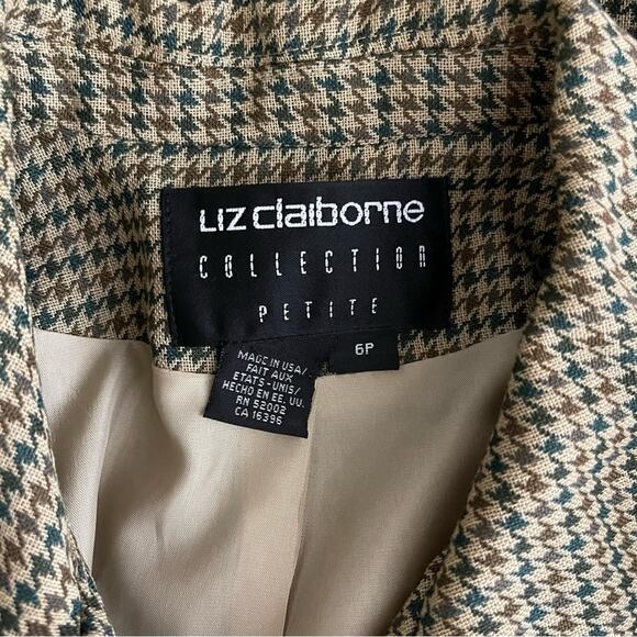 Liz Claiborne tan green check preppy academia houndstooth wool blazer jacket 6P - Picture 6 of 7